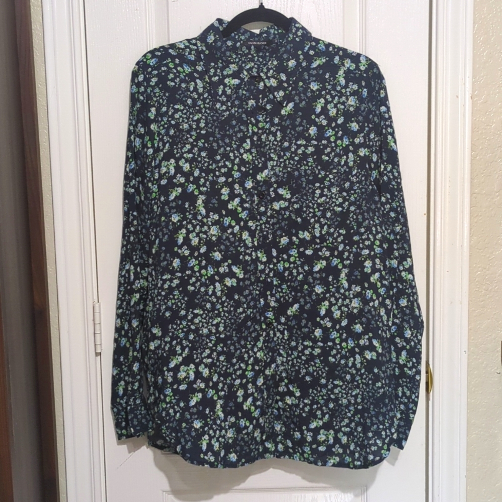 Calvin Rucker Blue Floral print  Silk blouse